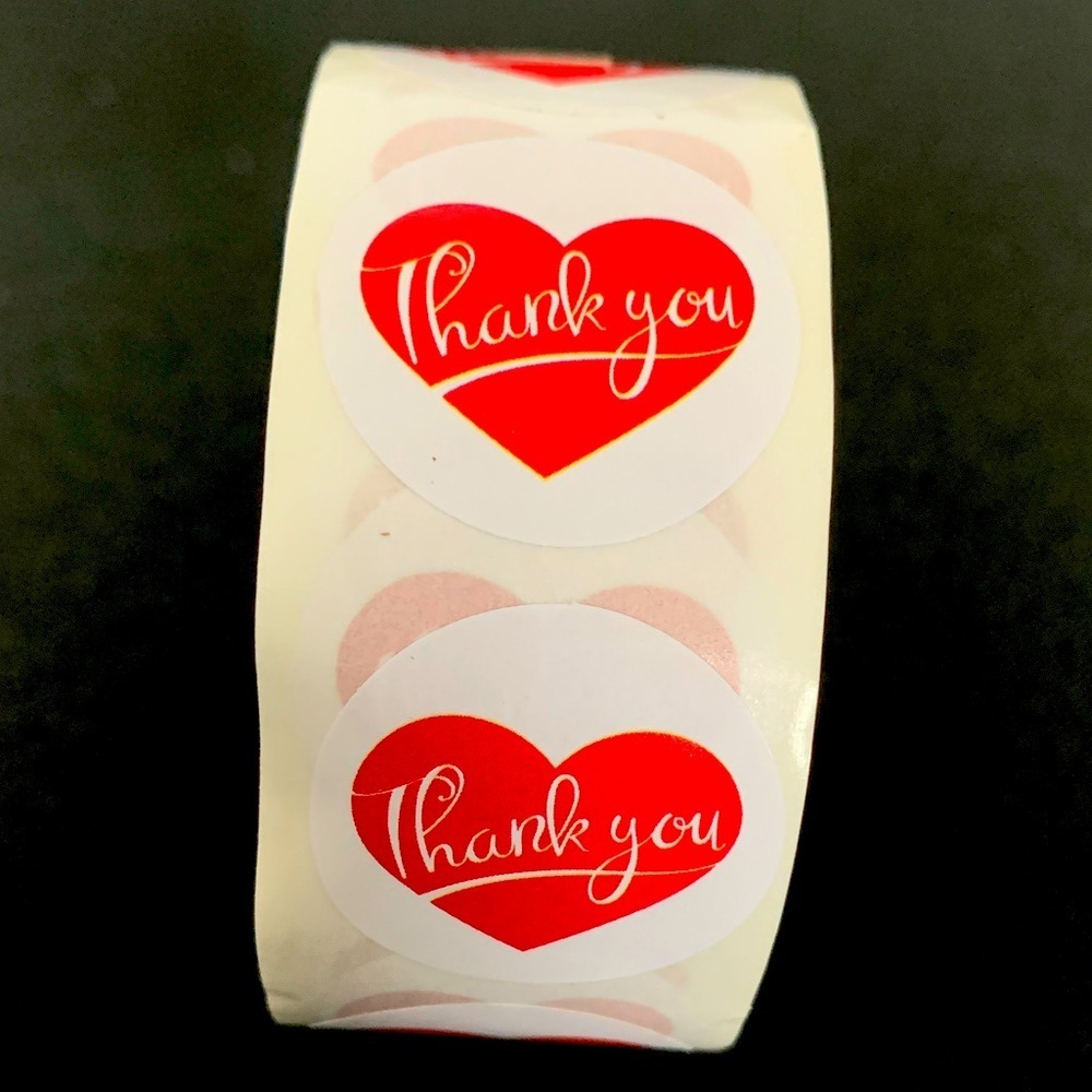 Thank You Sticker Labels 500 labels on roll. 1” Round NWT White & Red Heart